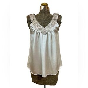 Vintage Y2K Silk Satin Beaded Cami Tank Top Blouse Champagne Gold Glam Party S